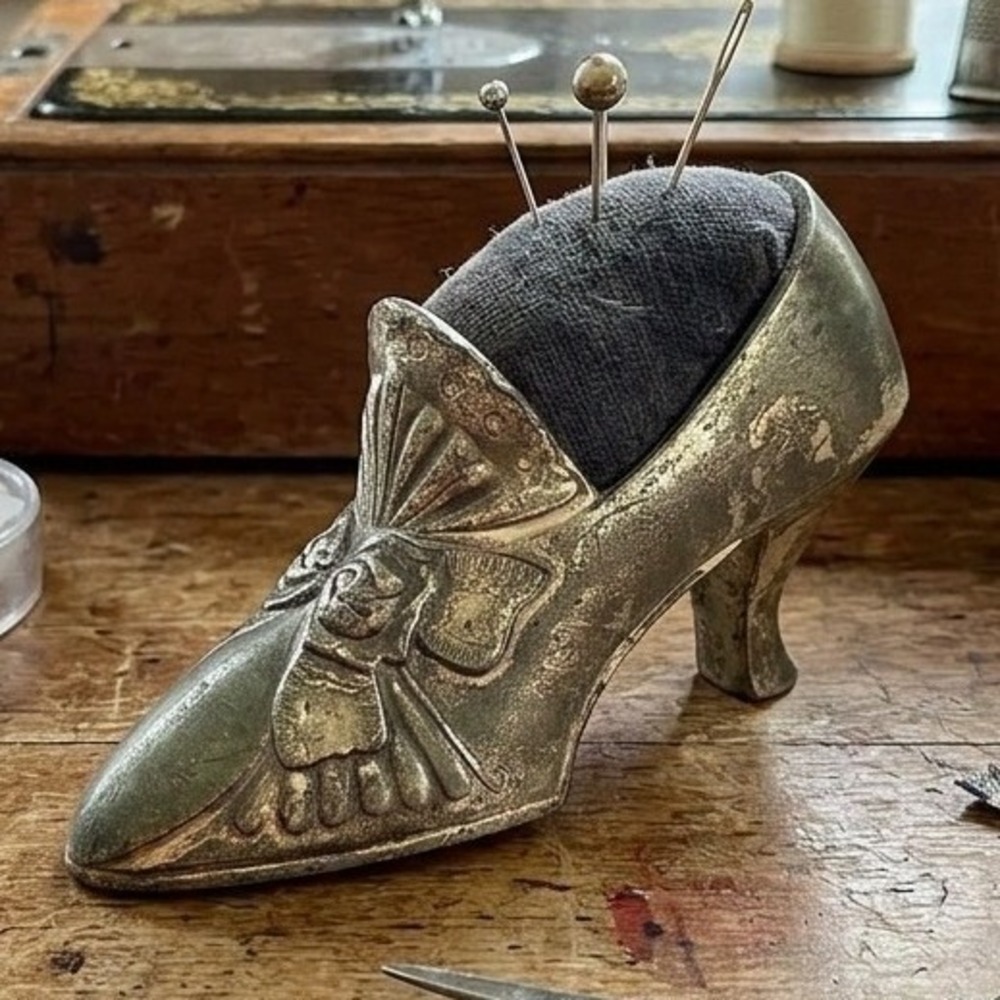 Vintage Metal Victorian Shoe Pin Cushion Made in Japan Silver Tone Floral Heel